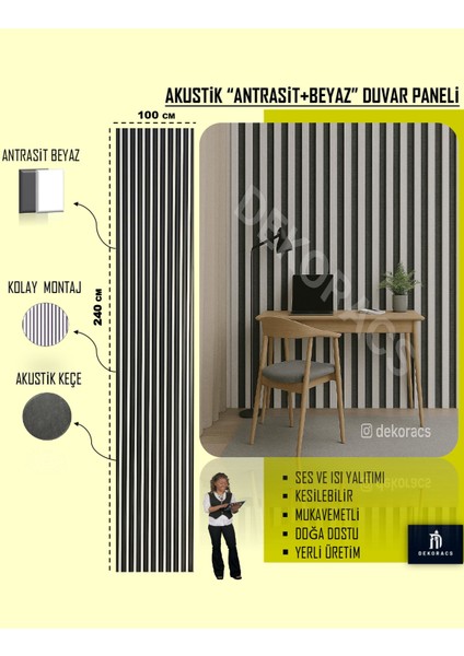 100X240 Antrasit-Beyaz Renk 3D Akustik Ahşap Duvar Paneli