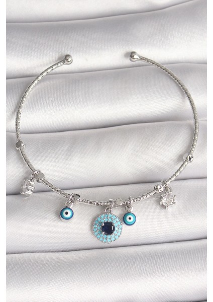 Pirinç Gümüş Renk Sallantı Zirkon Taşlı Nazar Boncuk Figür Charm Kadın Bileklik