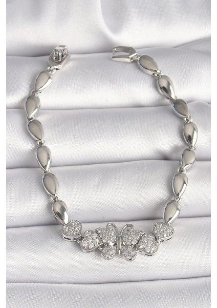 Pirinç Gümüş Renk Zirkon Taşlı Kelebek Figür Damla Zincir Model Kadın Bileklik