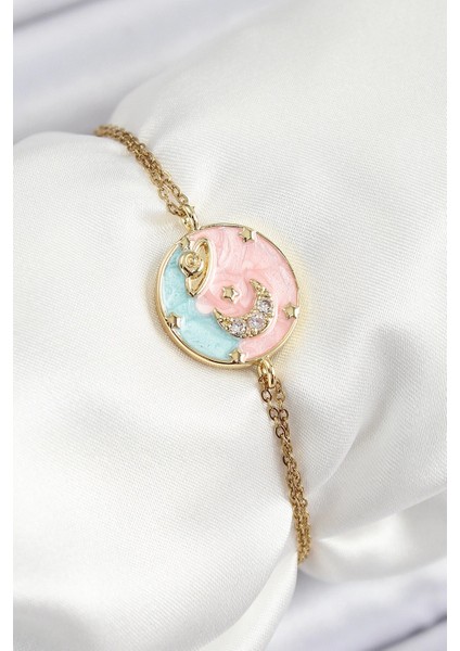 316L Çelik Zincir Mineli Sanatsal Portre Zirkon Taşlı Gezegen Model Gold Renk Kadın Bileklik