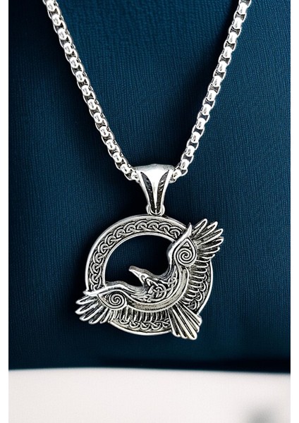 Gümüş Kaplama Krom-Çelik Erkek Kolye Madalyon Iskandinav Odin Viking Kuzgun