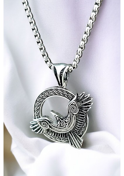 Gümüş Kaplama Krom-Çelik Erkek Kolye Madalyon Iskandinav Odin Viking Kuzgun fiyatları
