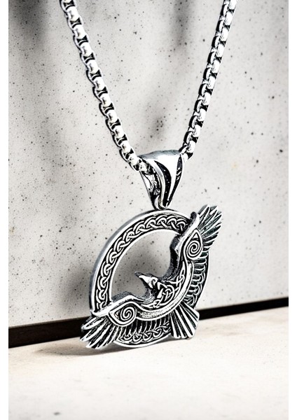 Gümüş Kaplama Krom-Çelik Erkek Kolye Madalyon Iskandinav Odin Viking Kuzgun modelleri