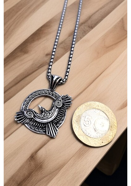 Gümüş Kaplama Krom-Çelik Erkek Kolye Madalyon Iskandinav Odin Viking Kuzgun fırsatları