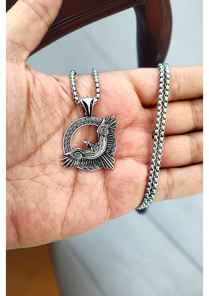 Gümüş Kaplama Krom-Çelik Erkek Kolye Madalyon Iskandinav Odin Viking Kuzgun indirimleri