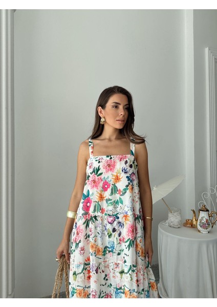 Çiçek Desen Kare Yaka Uzun Elbise modelleri