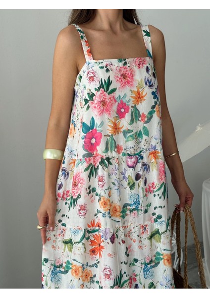 Çiçek Desen Kare Yaka Uzun Elbise