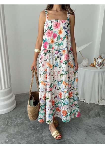 Çiçek Desen Kare Yaka Uzun Elbise