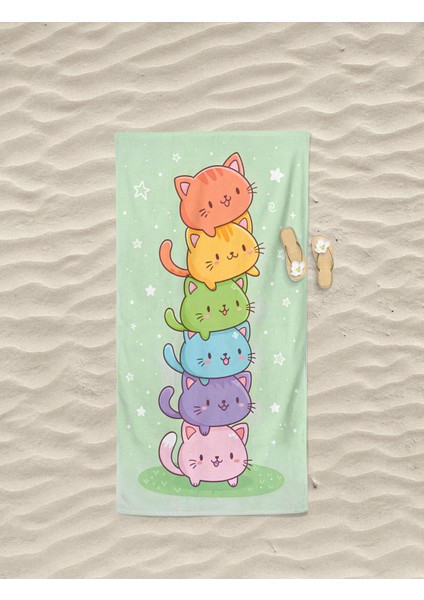 Sevimli Kedi Desenli Dijital Baskılı Genç Kız Çocuk Plaj Banyo Havlusu