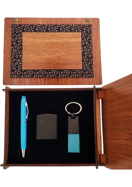 Ahşap Kutulu Çakmak ve Mavi Kalem Anahtarlık Set