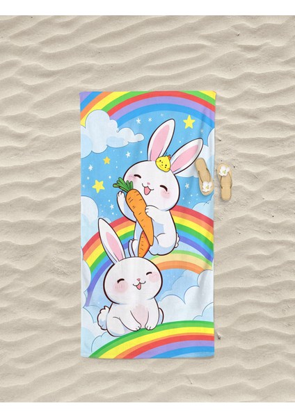 Sevimli Tavşan Desenli Dijital Baskılı Genç Kız Çocuk Plaj Banyo Havlusu