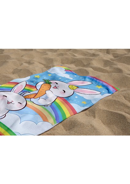 Sevimli Tavşan Desenli Dijital Baskılı Genç Kız Çocuk Plaj Banyo Havlusu modelleri