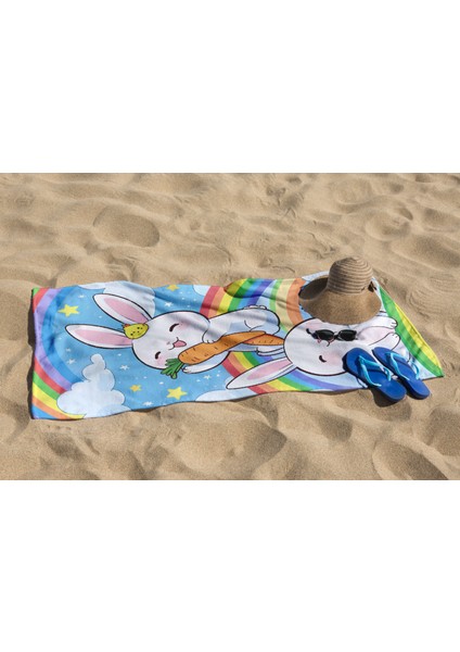 Sevimli Tavşan Desenli Dijital Baskılı Genç Kız Çocuk Plaj Banyo Havlusu fırsatları