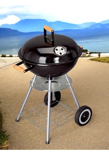 Yuvarlak Kömürlü Mangal Ahşap Kulplu Tekerlekli Mangal 39 cm