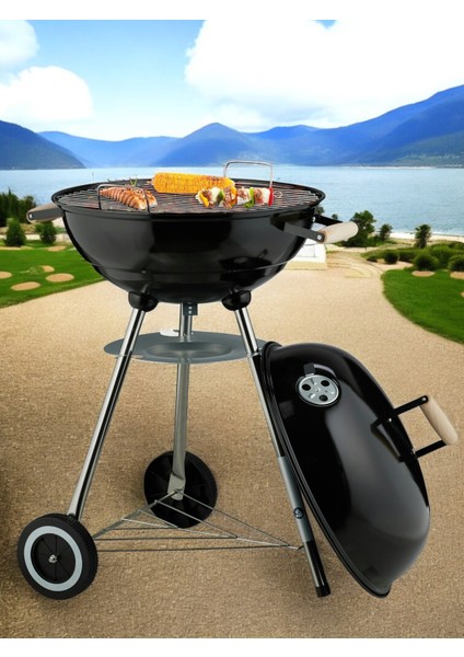 Yuvarlak Kömürlü Mangal Ahşap Kulplu Tekerlekli Mangal 39 cm fiyatları