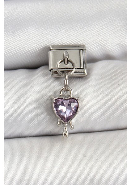 316L Çelik Gümüş Renk Mor Kalp Model Nomination Charm