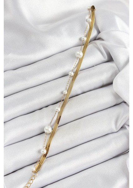 316L Çelik Gold Renk Incili ve Italyan Zincirli Kadın Bileklik