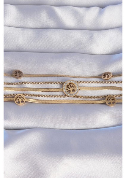 316L Çelik Gold Renk Italyan Zincir Detaylı Zirkon Taşlı Yaşam Ağacı Tasarımlı Çoklu Bileklik fiyatları