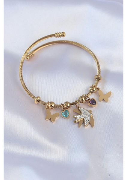 316L Çelik Gold Renk Zirkon Taşlı Minimal Kalp Detay Kelebek Charm Bileklik