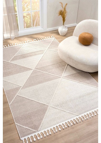 Bej Krem Saçaklı Dokuma Halı Oturma Odası Salon Halısı