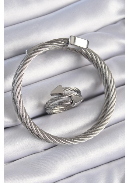 316L Çelik Gümüş Renk Sarmal Model Erkek Bileklik Yüzük Kombini