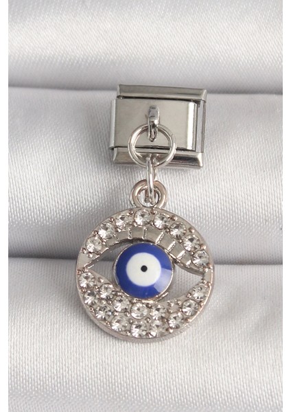 316L Çelik Gümüş Renk Zirkon Taşlı Göz Model Nazar Boncuk Detay Nomination Charm