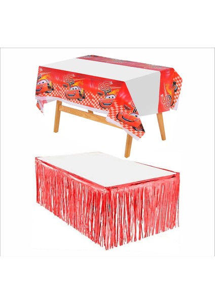 Cars, (Arabalar), Şimşek Mcqueen Baskılı Masa Örtüsü ve Kırmızı Masa Eteği