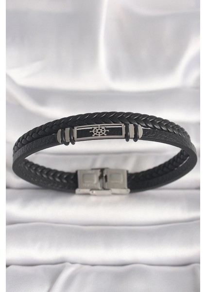 316L Çelik Gümüş Renk Gemi Dümeni Figür Siyah Burgu Deri Kordon Model Erkek Bileklik