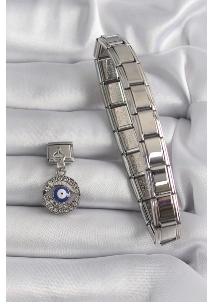 316L Çelik Gümüş Renk Sallantı Zirkon Taşlı Göz Model Nazar Boncuk Detay Nomination Charm fiyatları