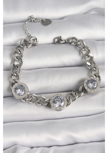 316L Çelik Gümüş Renk Zincir Model Zirkon Taşlı Işleme Detaylı Kadın Bileklik