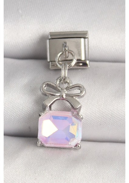 316L Çelik Gümüş Renk Pembe Zirkon Taşlı Çanta Model Nomination Charm