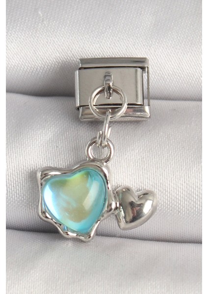316L Çelik Gümüş Renk Mavi Mineli Kalp Model Nomination Charm