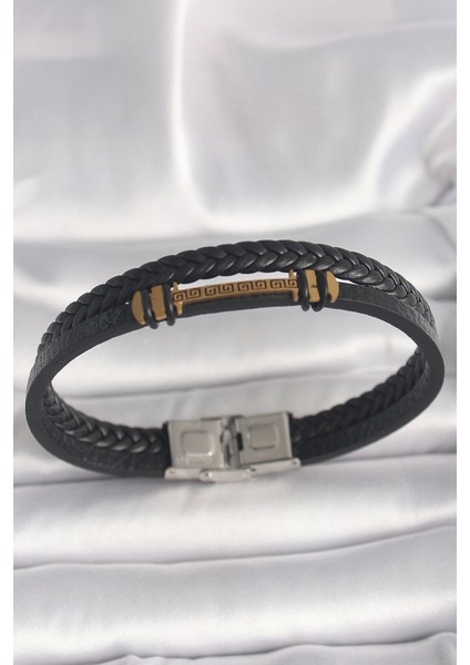 316L Çelik Gold Renk Zikzak Işlemeli Aksesuarlı Çift Sıra Burgu Desenli Deri Kordon Erkek Bileklik