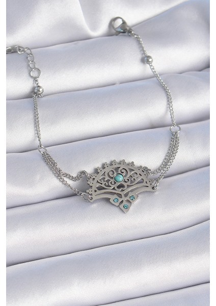 316L Çelik Gümüş Renk Mavi Taşlı Etnik Desen Kadın Bileklik