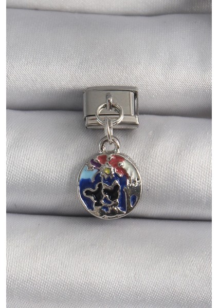 316L Çelik Gümüş Renk Sallantı Dünya Model Nomination Charm