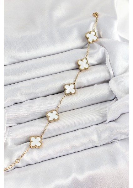 316L Çelik Beyaz Sedef Yonca Model Gold Renk Kadın Bileklik fiyatları