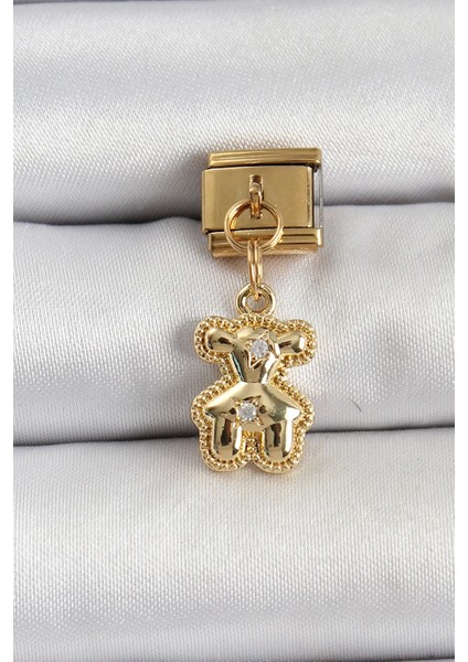 316L Çelik Sallantılı Zirkon Taşlı Ayıcık Model Gold Renk Nomination Charm