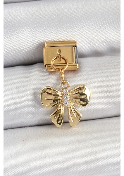 316L Çelik Sallantılı Zirkon Taşlı Fiyonk Model Gold Renk Nomination Charm