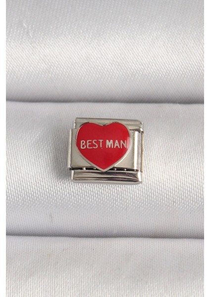 316L Çelik Gümüş Renk 'best Man' Yazılı Kırmızı Kalp Işlemeli Nomination Charm