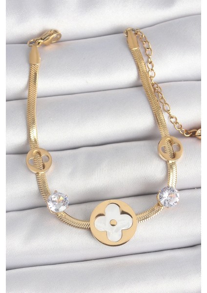 316L Çelik Gold Renk Italyan Zincir Beyaz Mineli Yonca Model Zirkon Taş Detaylı Kadın Bileklik