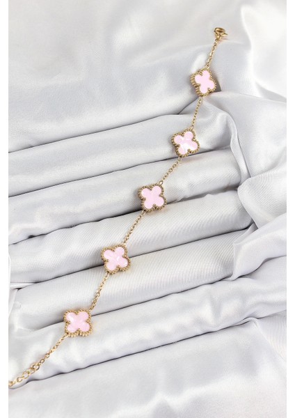 316L Çelik Pembe Sedef Yonca Model Gold Renk Kadın Bileklik fiyatları