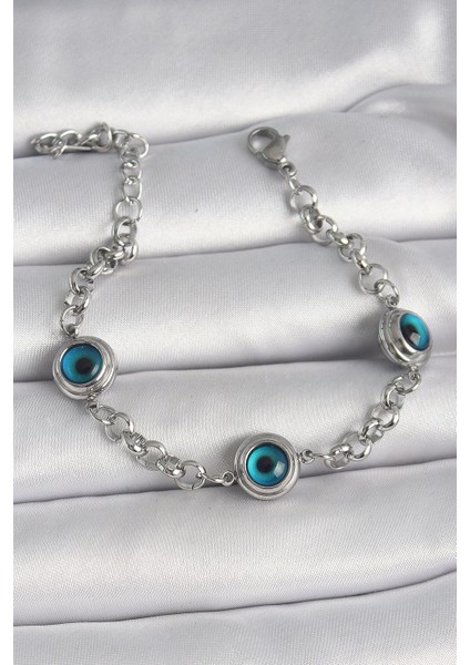 316L Çelik Gümüş Renk Zincir Model Nazar Boncuklu Kadın Bileklik