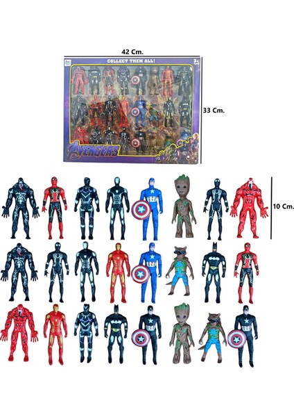 24'lü Süper Kahraman Seti Örümcek Adam Hulk Kara Panter Venom Batman Demir Adam 12 Cm.