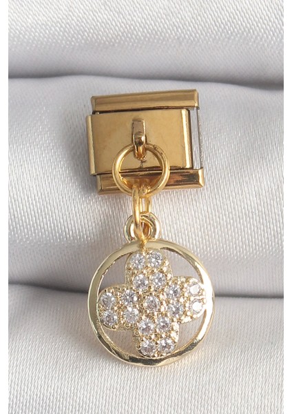 316L Çelik Gold Renk Sallantı Zirkon Taşlı Yonca Model Nomination Charm