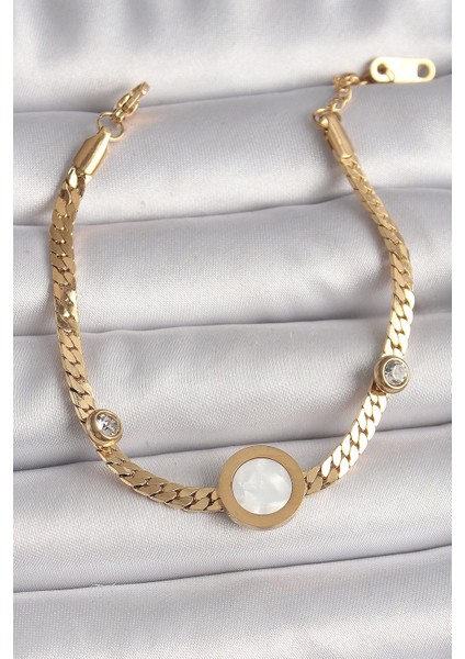 316L Çelik Gold Renk Yassı Zincir Model Zirkon Taş Detaylı Beyaz Mineli Madalyon Model Kadın Bileklik