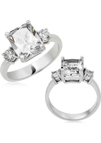 Gümüş Kare Montür Üç Taş Bayan Yüzük 12