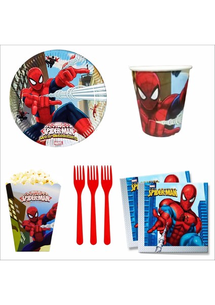 Örümcek Adam 8 Tabak, 8 Bardak, 8 Mısır Kutusu,10 Peçete, 10 Çatal