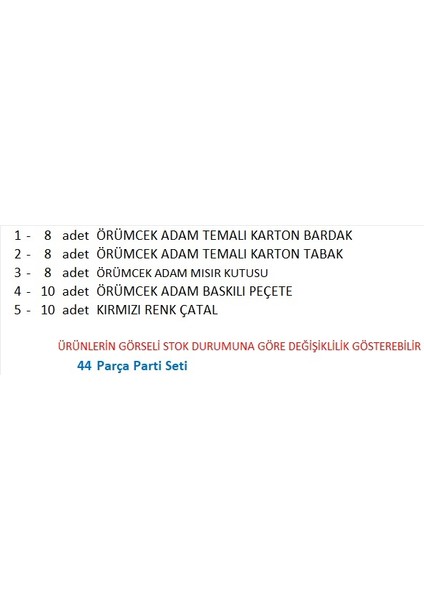 Örümcek Adam 8 Tabak, 8 Bardak, 8 Mısır Kutusu,10 Peçete, 10 Çatal fiyatları