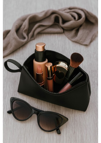 Siyah Deri Makyaj Çantası Kozmetik Seyahat Valizi Çanta Organizeri Orta Boy Düzenleyici