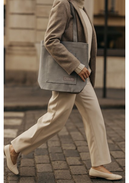 Çok Amaçlı Premium Life Baskılı Açık Gri Nokta Desenli Orta Boy Kanvas El ve Omuz Çantası